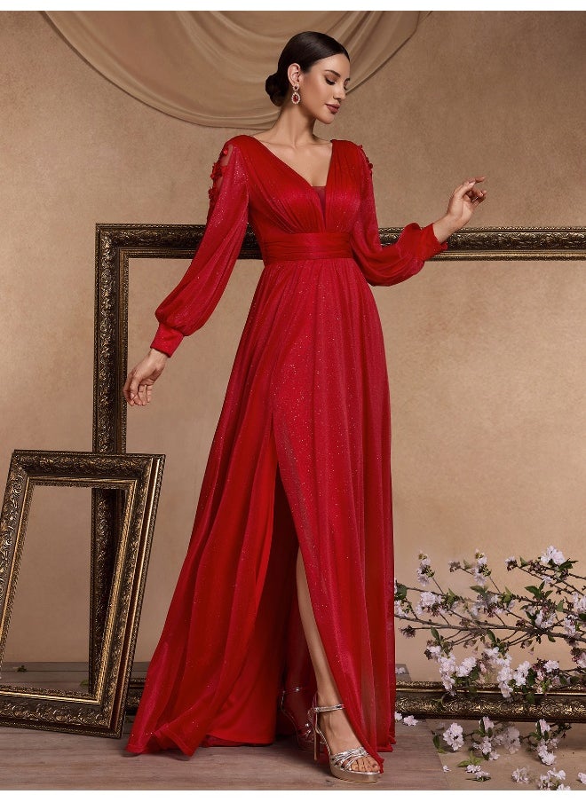Madam Uniq - V-Neck Long Sleeve Split Evening Gown for Elegant Occasions - Image 1