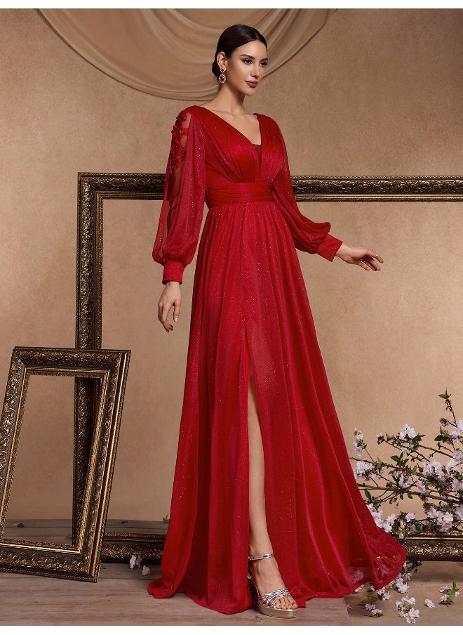 Madam Uniq - V-Neck Long Sleeve Split Evening Gown for Elegant Occasions - Image 1
