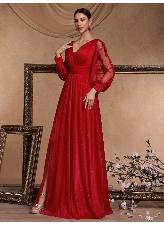 Madam Uniq - V-Neck Long Sleeve Split Evening Gown for Elegant Occasions - Image 1