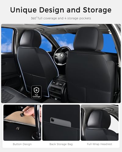 Huidasource Front Seat Covers, 5 Layers Car Seat Covers Front Seats, Driver Seat Cover Leather, Front Seat Cover 360° Full Package Universal Fit for Most Cars, Vans, Trucks, SUVs (Front Pair/Black) - Image 4