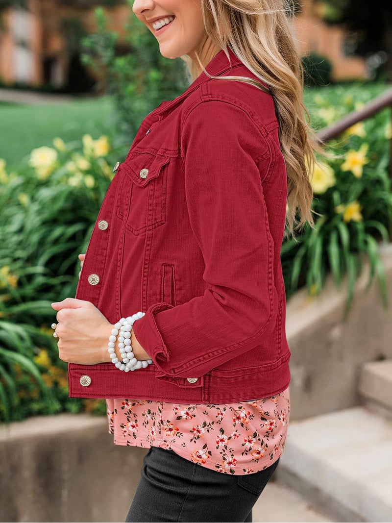 Luvamia Women's Classic Casual Long Sleeves Jacket - Basic Button Down Trucker Jacket Coat - True Red - X-Large / 16-18 - Image 5
