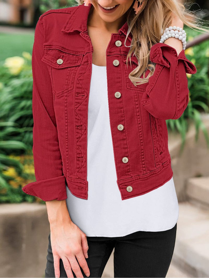 Luvamia Women's Classic Casual Long Sleeves Jacket - Basic Button Down Trucker Jacket Coat - True Red - X-Large / 16-18 - Image 4