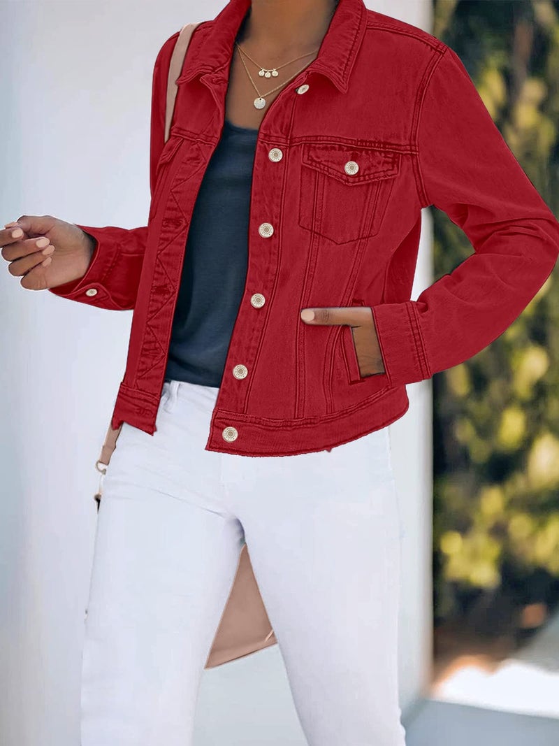 Luvamia Women's Classic Casual Long Sleeves Jacket - Basic Button Down Trucker Jacket Coat - True Red - X-Large / 16-18 - Image 3