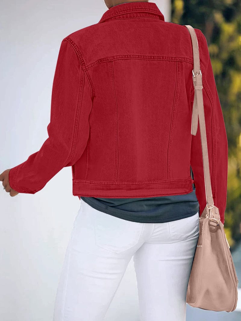 Luvamia Women's Classic Casual Long Sleeves Jacket - Basic Button Down Trucker Jacket Coat - True Red - X-Large / 16-18 - Image 2