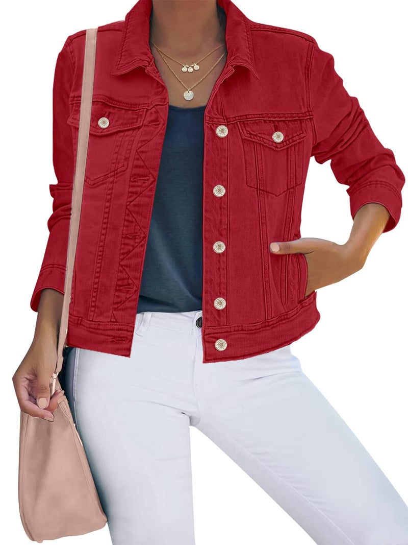 Luvamia Women's Classic Casual Long Sleeves Jacket - Basic Button Down Trucker Jacket Coat - True Red - X-Large / 16-18 - Image 1