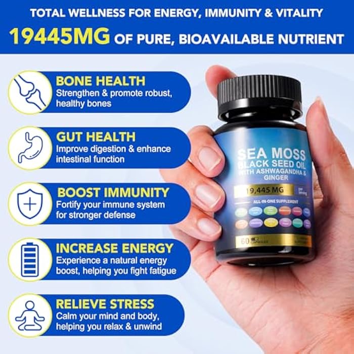 Vortexonix Sea Moss Black Seed Oil Ashwagandha Ginger Turmeric Capsules, Sea Moss Gummies Supplement with Burdock Root Bladderwrack Vitamin C Vitamin D3 Yellow Dock Iodine Chlorophyll ACV - 60 Count - Image 3