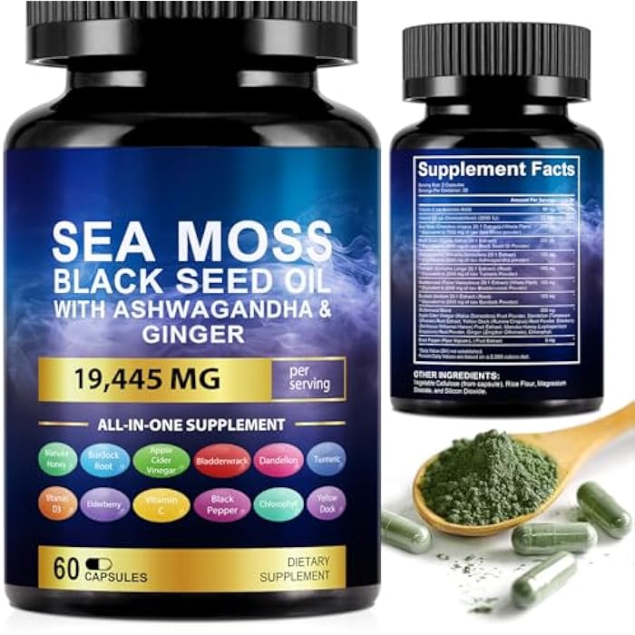 Vortexonix Sea Moss Black Seed Oil Ashwagandha Ginger Turmeric Capsules, Sea Moss Gummies Supplement with Burdock Root Bladderwrack Vitamin C Vitamin D3 Yellow Dock Iodine Chlorophyll ACV - 60 Count - Image 1