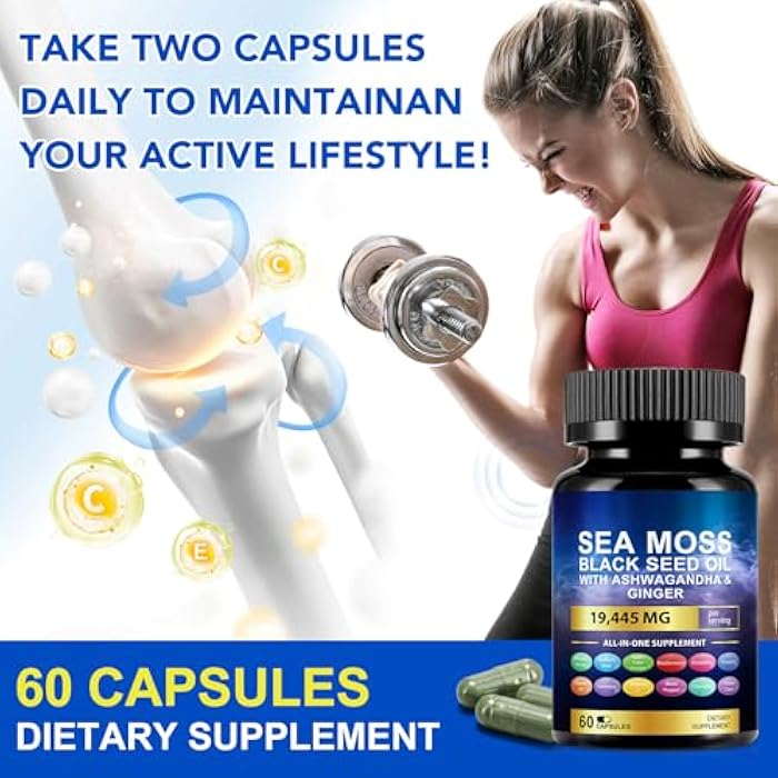 Vortexonix Sea Moss Black Seed Oil Ashwagandha Ginger Turmeric Capsules, Sea Moss Gummies Supplement with Burdock Root Bladderwrack Vitamin C Vitamin D3 Yellow Dock Iodine Chlorophyll ACV - 60 Count - Image 4