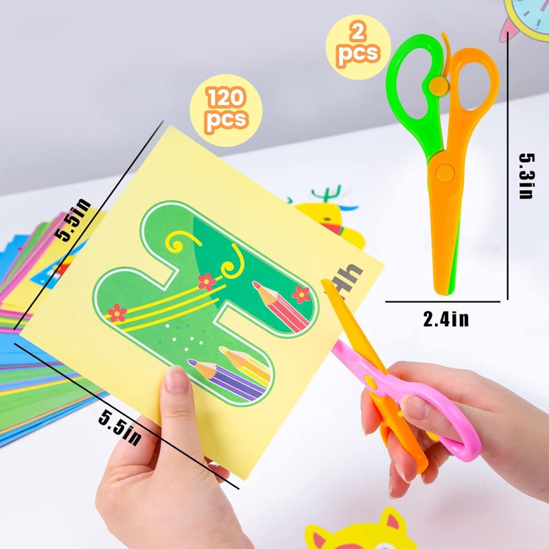 Koogel Toddler Scissors Practice Kit for Ages 3-5, 2 Training Blunt Tip Safety Scissors & 120 Sheets Paper Cutting for Early Preschool Development Tools, Hand-Eye Coordination, Learn to Cut Line Skill - Image 5