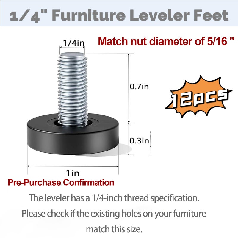pulwury 12 Pcs 1/4" Thread Leveling Feet, Adjustable Furniture Feet Threaded Screw in for Table Leveling Feet Screw, for Table, Cabinets, Chairs, Stool Legs - Image 2