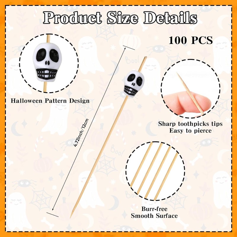 Leislam Skull Cocktail Picks, Skull Toothpicks, Halloween Toothpicks for Appetizers, Halloween Cocktail Picks, Bamboo Decorative Food Sandwich Skewers Drinks Dessert for Halloween Party Decorations Supplies - Image 2