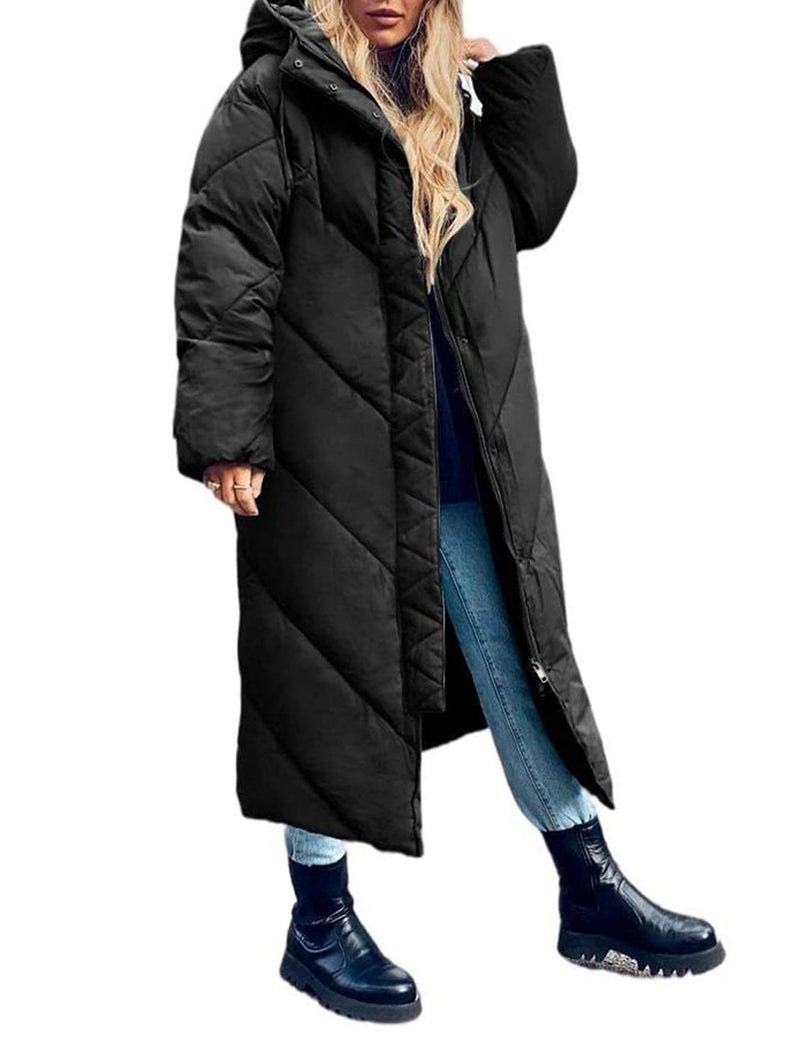 Flygo Womens Long Puffer Coat Long Sleeve Padded Winter Down Coats Hooded Parka JacketBlackS