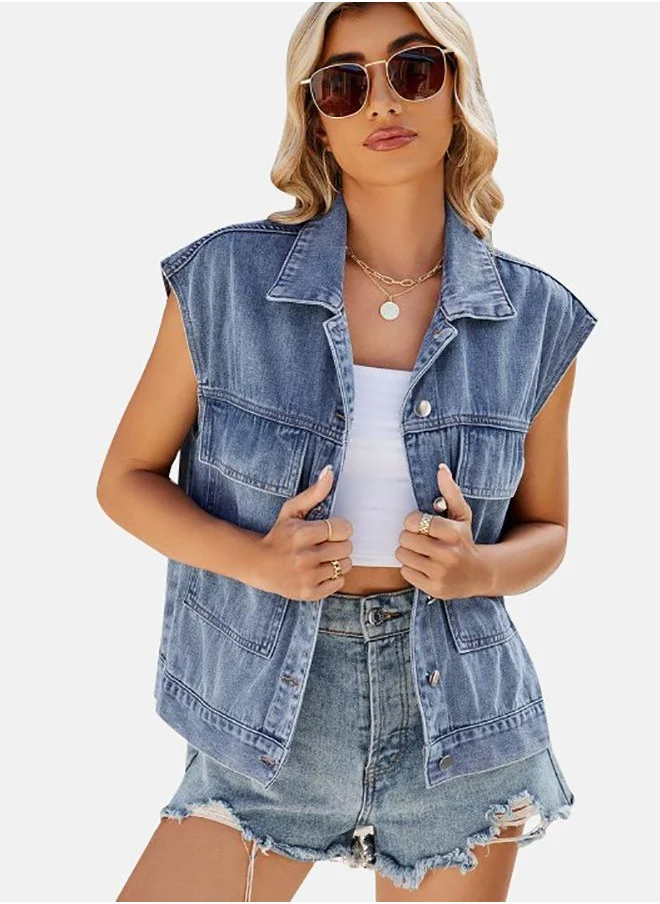 YUNIQEE Blue Collared Sleeveless Denim Jacket