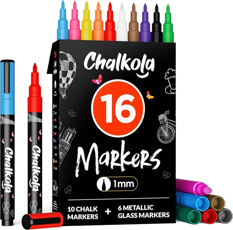 Chalkola Extra Fine Tip Chalk Markers for Blackboard & Glass (Pack of 16, 1mm Point) | Window Marker, Liquid Chalk Pens for Acrylic Dry Erase Board, Mirror, Car | Thin Chalkboard Markers Erasable - Image 1