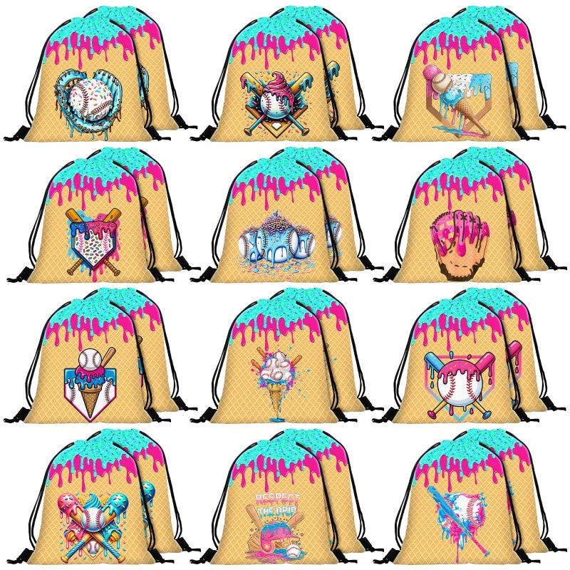 Woanger 24 Pcs Ice Cream Drip Baseball Drawstring Bags Bulk 1181x984 Inch Sport Party Favor Backpacks Baseball Gift Bags Waterproof Lightweight String Cinch Backpacks for Travel Sport Camp Party - Image 2