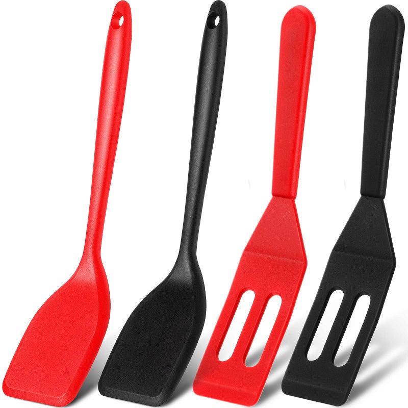 Patelai Patelai Mini Silicone Brownie Serving Spatula Flexible Nonstick Serve Turner Heat Resistant Cookie Slotted Spatula for Eggs in Small Frying Pan Cookie Batter Lemon Baked(Black  Red 4 Pieces)  - Image 1