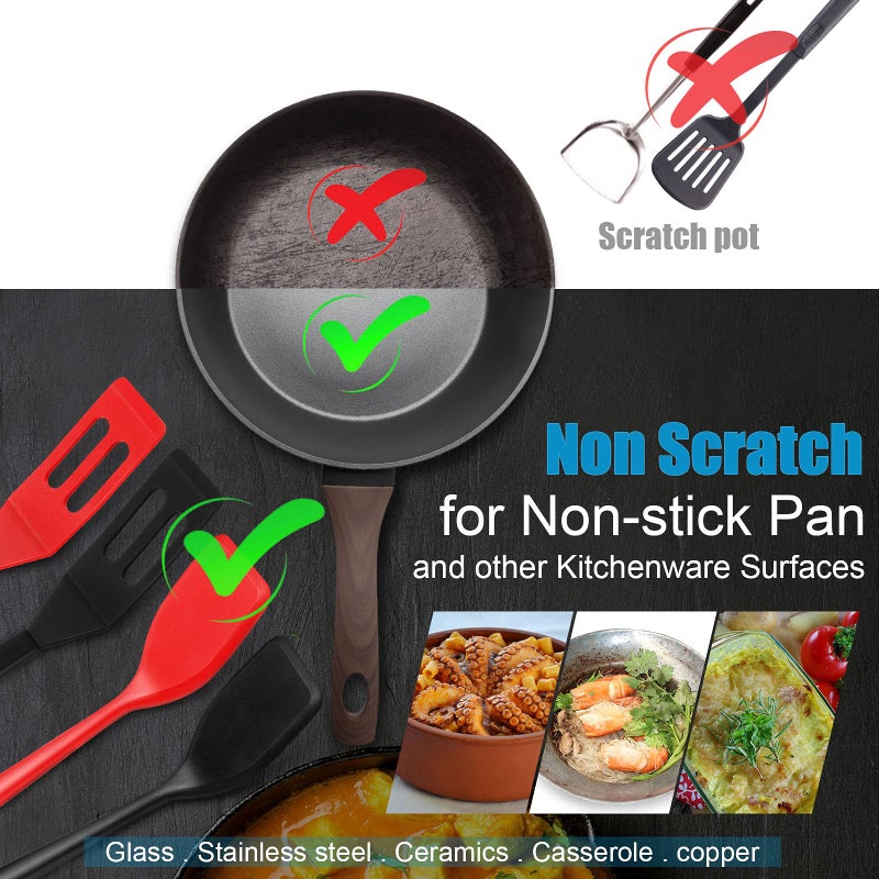 Patelai Patelai Mini Silicone Brownie Serving Spatula Flexible Nonstick Serve Turner Heat Resistant Cookie Slotted Spatula for Eggs in Small Frying Pan Cookie Batter Lemon Baked(Black  Red 4 Pieces)  - Image 5