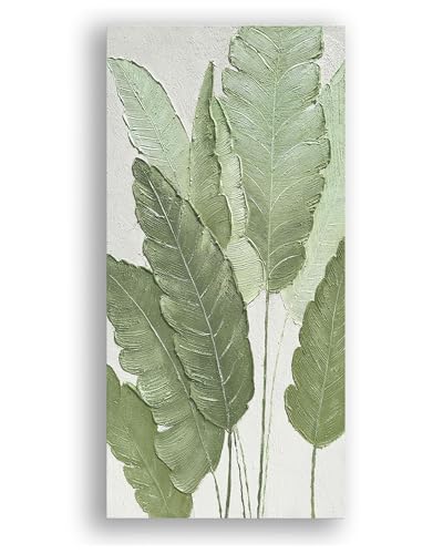AntExpanse Galleryquality 100 HandPainted 3D Textured Canvas Wall Art with Wooden Frame Modern Large Green Leaf Oil Painting for Living Room Bedroom Dining Room Wall Decor 24x48inch Framed - Image 1