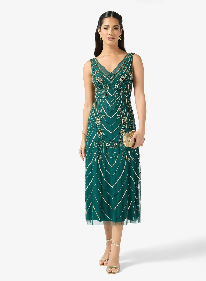 Adrianna Papell Embellished V-Neck Maxi Dress