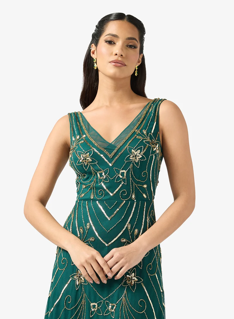 Adrianna Papell Embellished V-Neck Maxi Dress