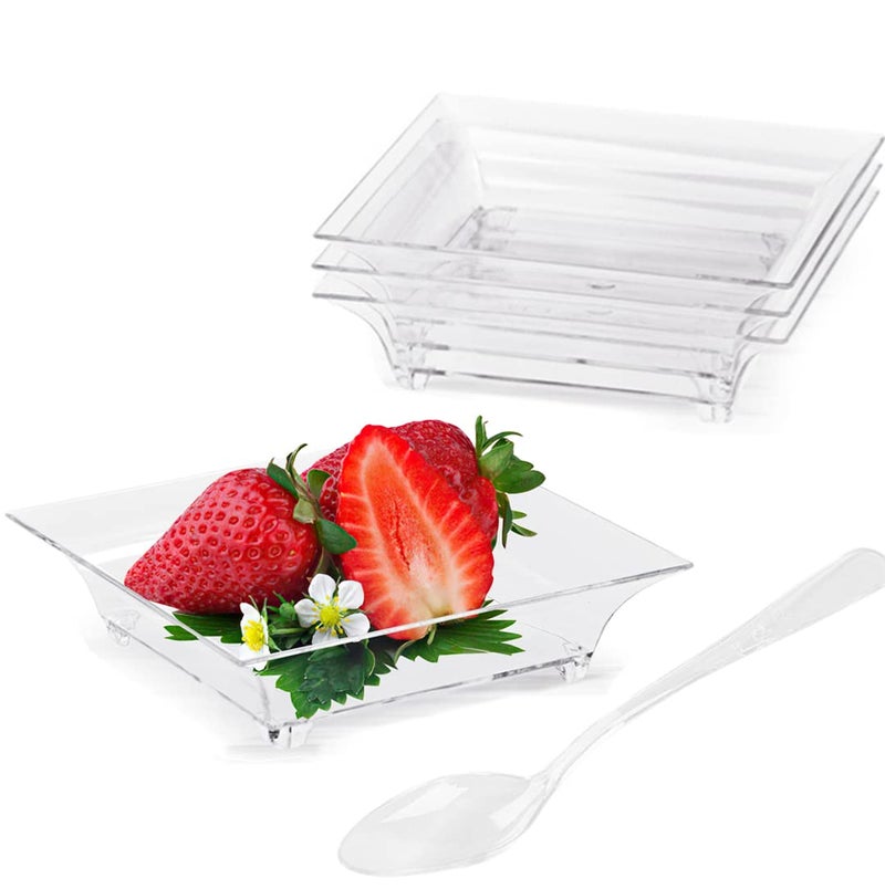 TOFLEN 100ct Mini Dessert Plates with Tasting Spoons 25 Inch Small Reusable Clear Plastic Square Party Serving Hors Doeuvres Plates for Appetizers Square