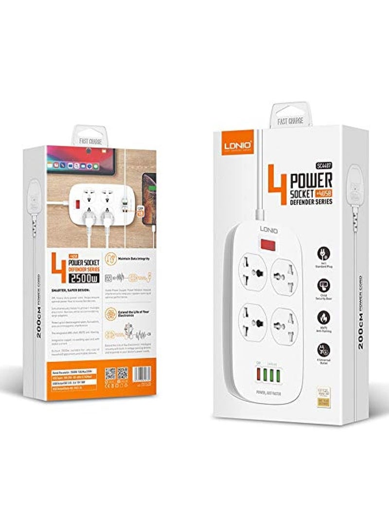 متوافق مع مقبس الطاقة LDNIO SC4407 EU Defender Series المزود بـ 4 منافذ USB وكابل 2 متر - أبيض  - Image 2