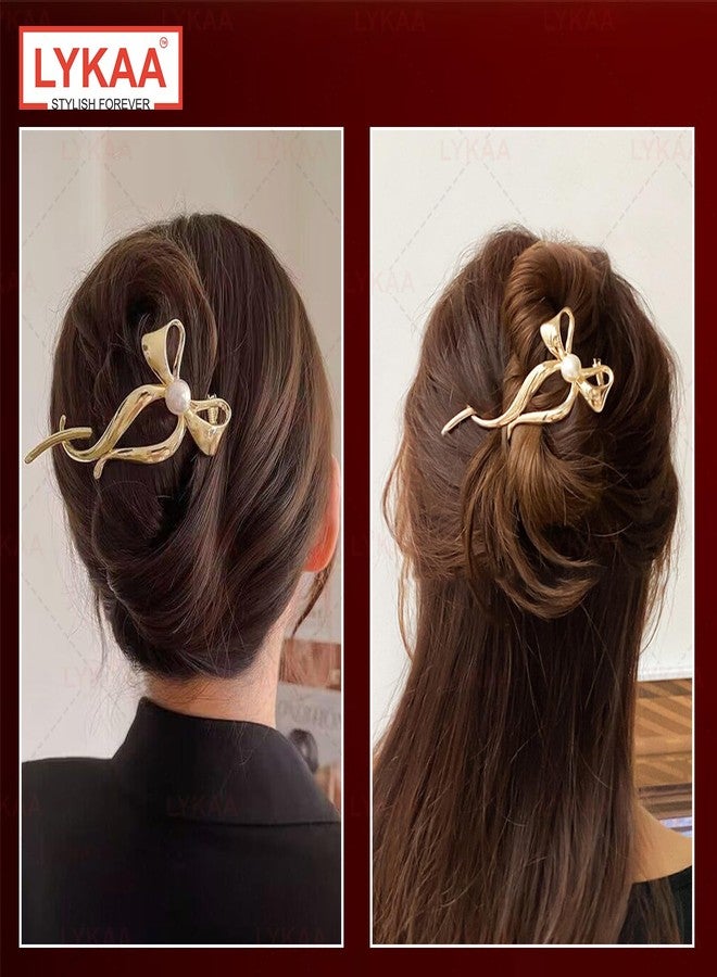 LYKAA Banana Clip Metal Rhinestone French Barrette Hair Clips, Bun Maker Korean Stylish Bow Hair Accessories For Women & girl 1Pc (Golden) - Image 4