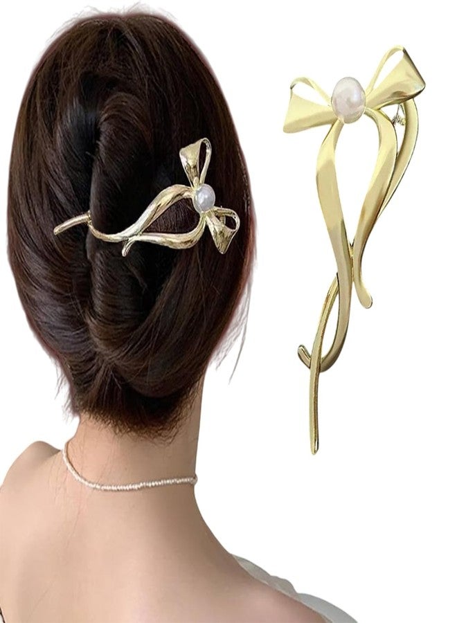 LYKAA Banana Clip Metal Rhinestone French Barrette Hair Clips, Bun Maker Korean Stylish Bow Hair Accessories For Women & girl 1Pc (Golden) - Image 1