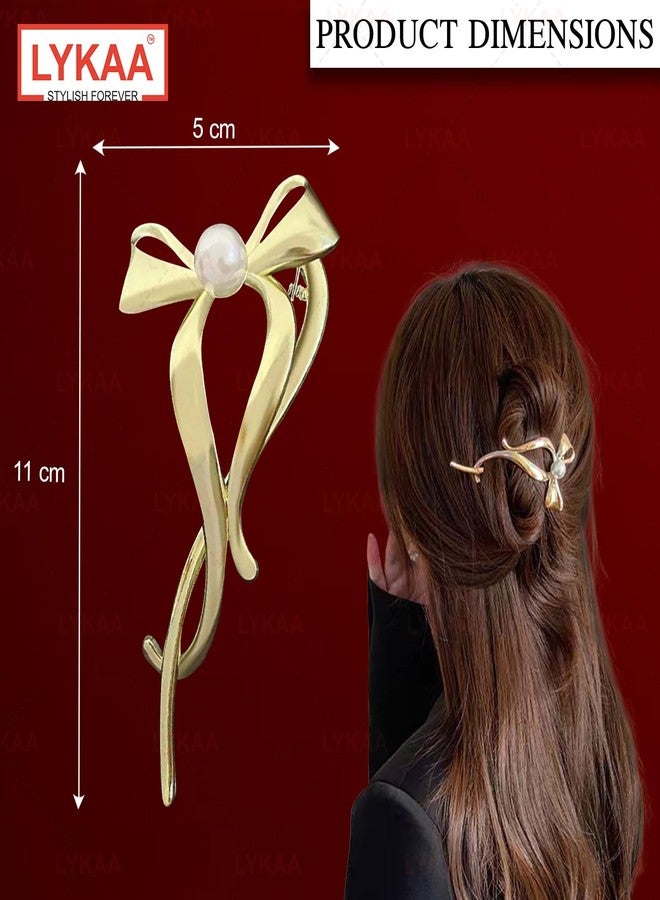 LYKAA Banana Clip Metal Rhinestone French Barrette Hair Clips, Bun Maker Korean Stylish Bow Hair Accessories For Women & girl 1Pc (Golden) - Image 2
