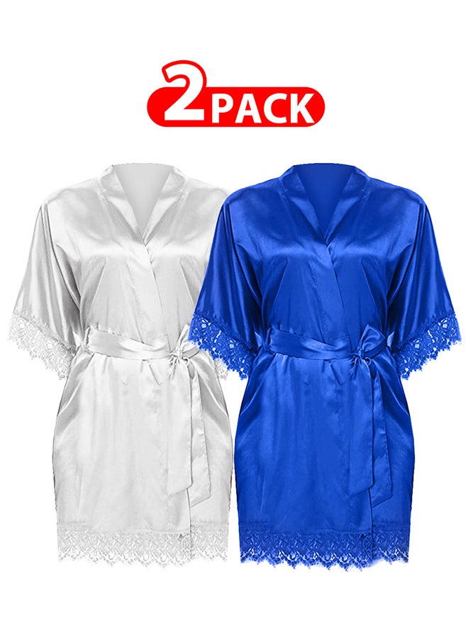 MARGOUN 2 Pack XL Size Women Satin Robe Belted Silky Robe Sleepwear Bridal Robe Kimono Lace Sleeve Nightgown /XL(bust:88-92/waist:72-76) - Image 1