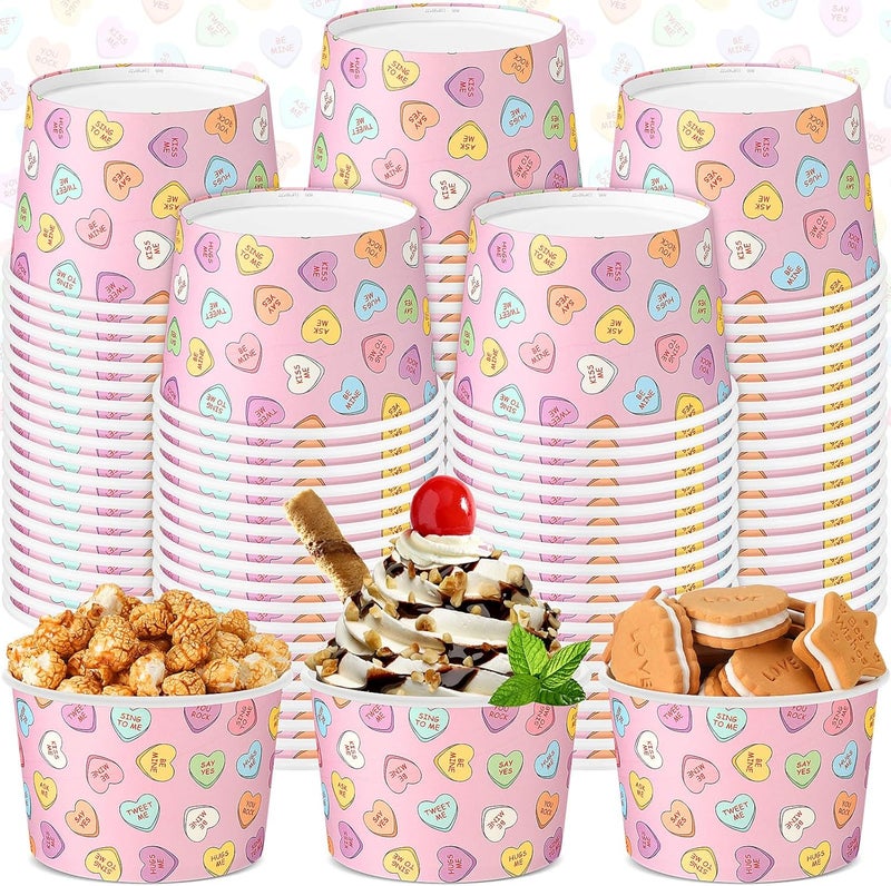 Hsei 50 Pcs 16oz Valentine's Day Ice Cream Cups Disposable Paper Snack Bowls Conversation Heart Supply Dessert Yogurt Cup for Valentines Party Wedding Birthday Supplies for Hot Cold Drink - Image 1