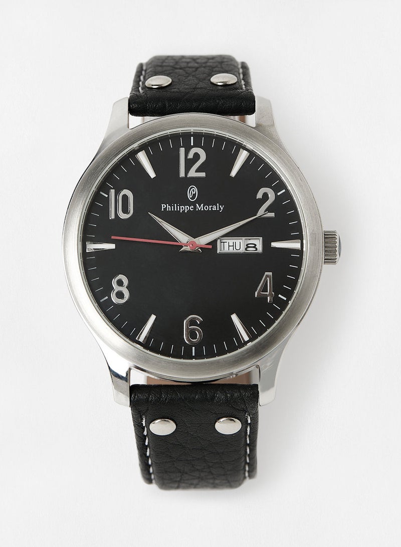 Philippe Moraly Leather Strap Analog Wrist Watch L1113WBB - 45mm - Black - Image 1