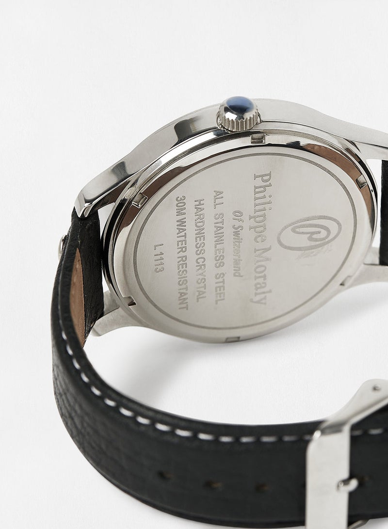 Philippe Moraly Leather Strap Analog Wrist Watch L1113WBB - 45mm - Black - Image 2