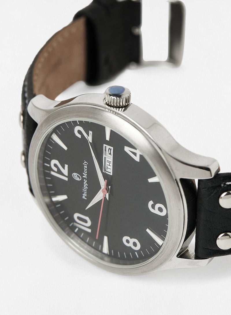 Philippe Moraly Leather Strap Analog Wrist Watch L1113WBB - 45mm - Black - Image 4