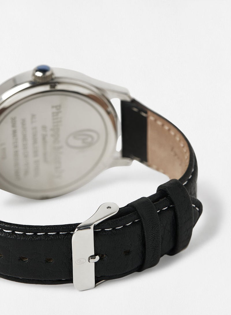 Philippe Moraly Leather Strap Analog Wrist Watch L1113WBB - 45mm - Black - Image 3