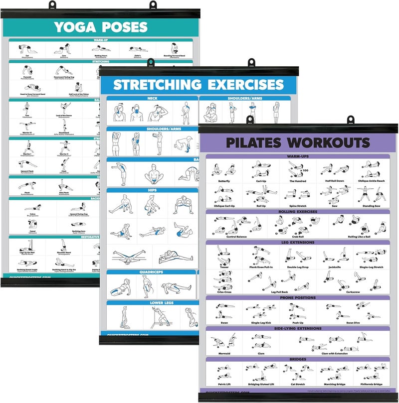 Palace Learning مجموعة QUICKFIT 3 - أوضاع اليوغا + تمارين الإطالة + ملصق تمارين البيلاتس - مجموعة من 3 مخططات تمارين (مع إطار بلاستيكي، 18" x 24") - Image 1