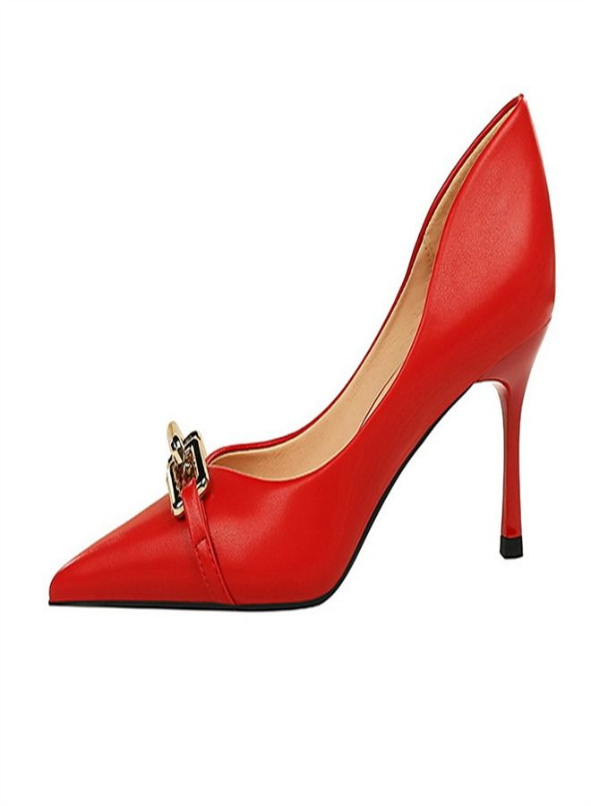 BIGTREE حذاء بكعب عالٍ مزخرف بإبزيم معدني مدبب 7 سم أحمر - Image 4