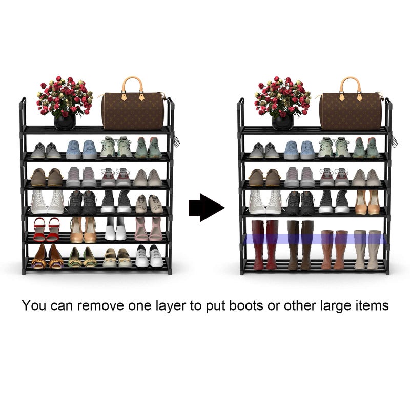Hsscblet 6 Tiers Metal Shoe Rack,Adjustable Shoe Shelf Storage Organizer with Hooks,Stackable Boot & Shoe Storage,for Entryway,Hallway,Closet,Black - Image 4