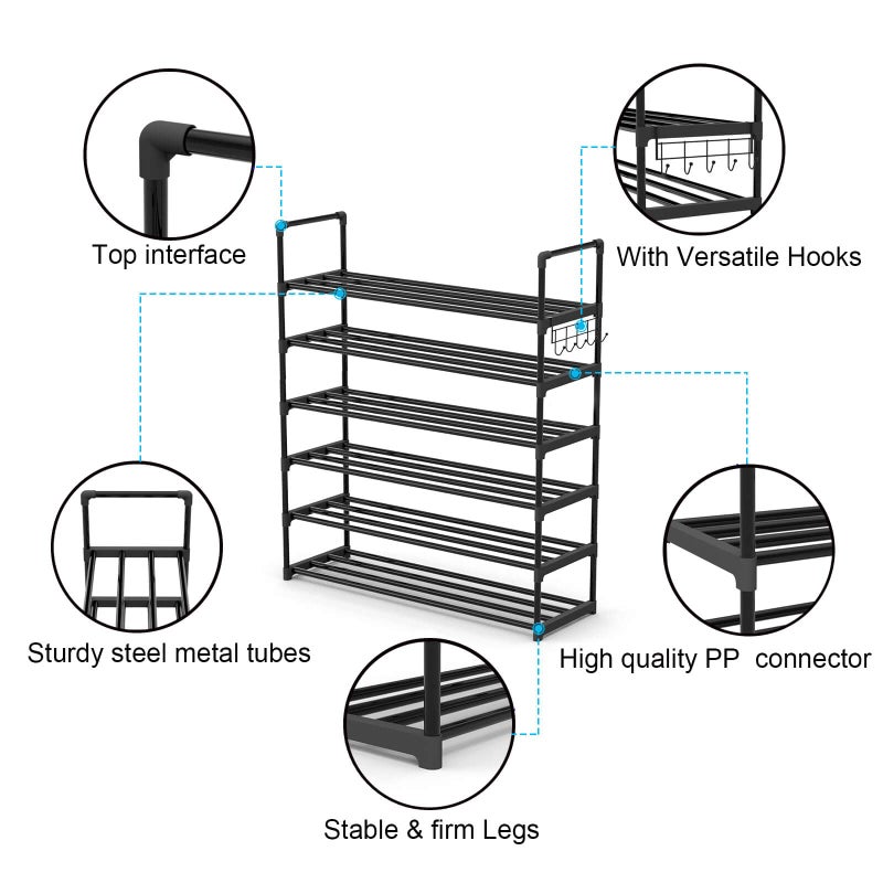 Hsscblet 6 Tiers Metal Shoe Rack,Adjustable Shoe Shelf Storage Organizer with Hooks,Stackable Boot & Shoe Storage,for Entryway,Hallway,Closet,Black - Image 5