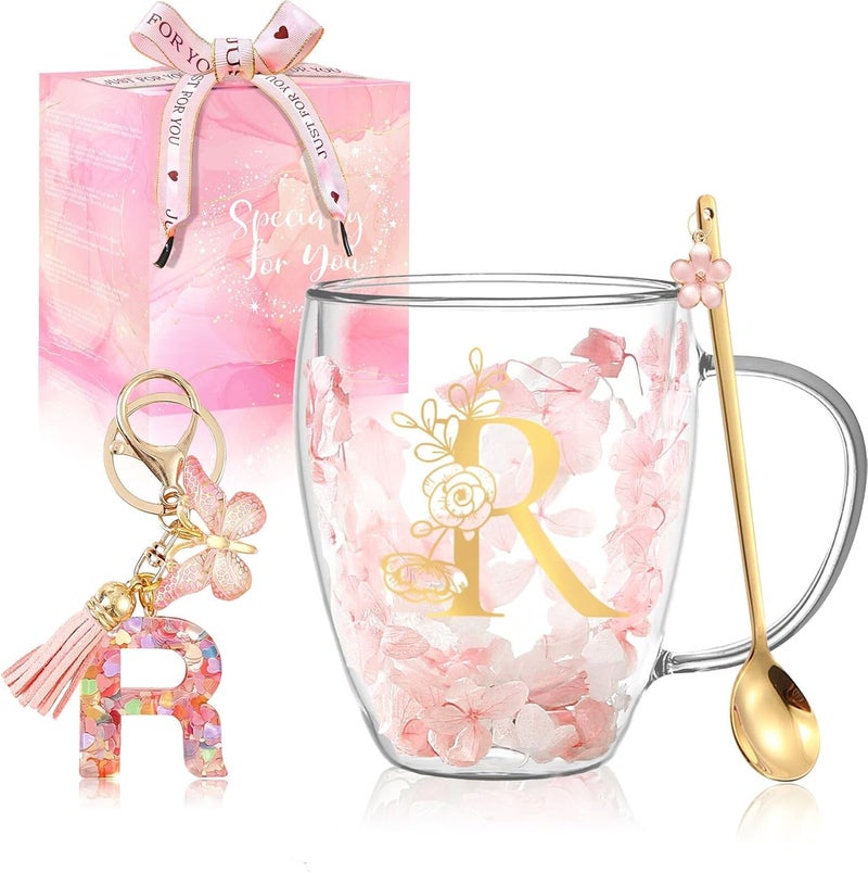 BigNoseDeer Gifts for Women Glass Coffee Mugs Unique Birthday Gift for Women Her Ladies Espresso Tea Cups Personalised Friendship Wedding Gifts Cute Double Walled Glass Mugs Pink Stuff Graduation Gift (Letter R) - Image 1