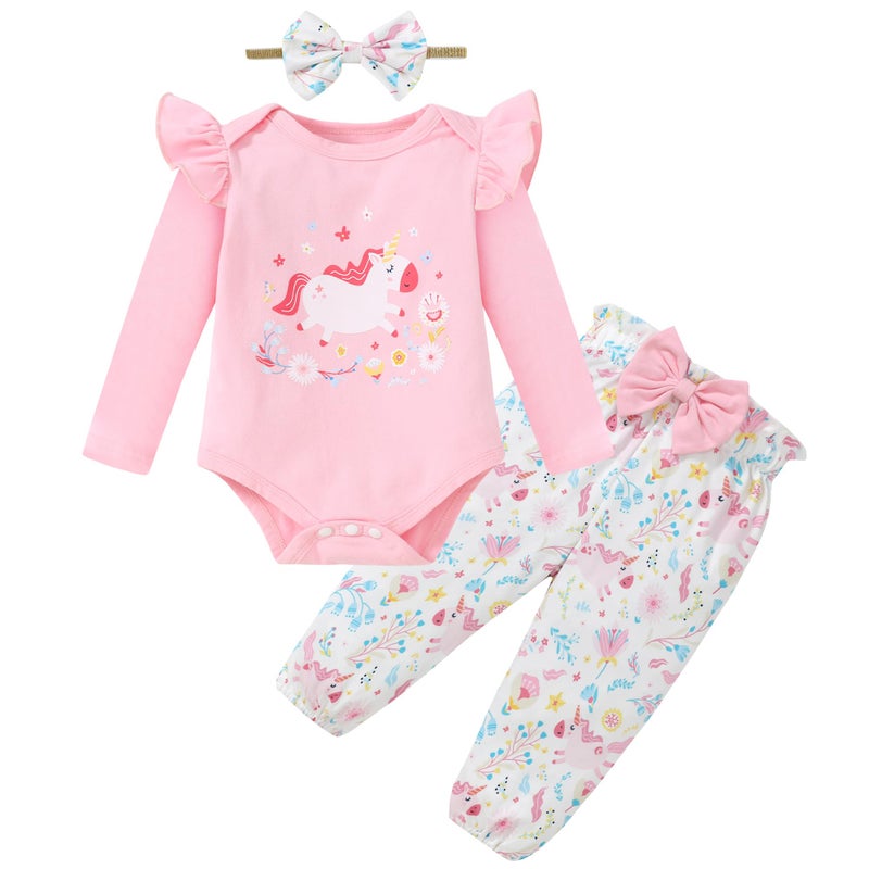 DISAUR Baby Girls Clothes Newborn Infant Baby Girls Outfit Long Sleeve Ruffle Romper Floral Pants Headband Sets 0-18 Months, Aa Pink/White, 0-3 Months - Image 1