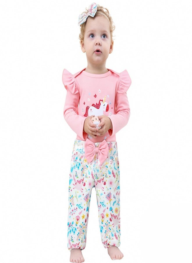 DISAUR Baby Girls Clothes Newborn Infant Baby Girls Outfit Long Sleeve Ruffle Romper Floral Pants Headband Sets 0-18 Months, Aa Pink/White, 0-3 Months - Image 2