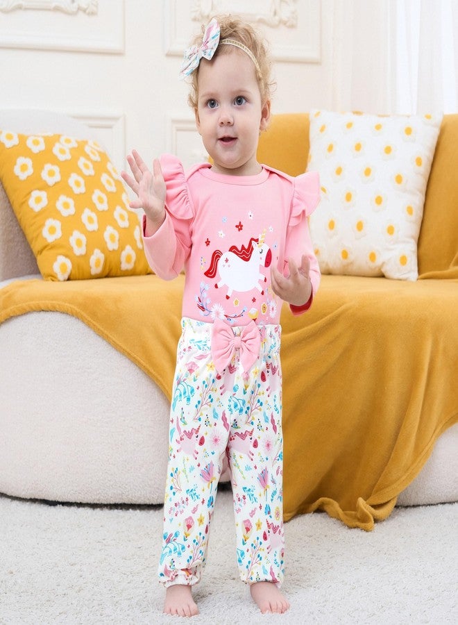DISAUR Baby Girls Clothes Newborn Infant Baby Girls Outfit Long Sleeve Ruffle Romper Floral Pants Headband Sets 0-18 Months, Aa Pink/White, 0-3 Months - Image 3
