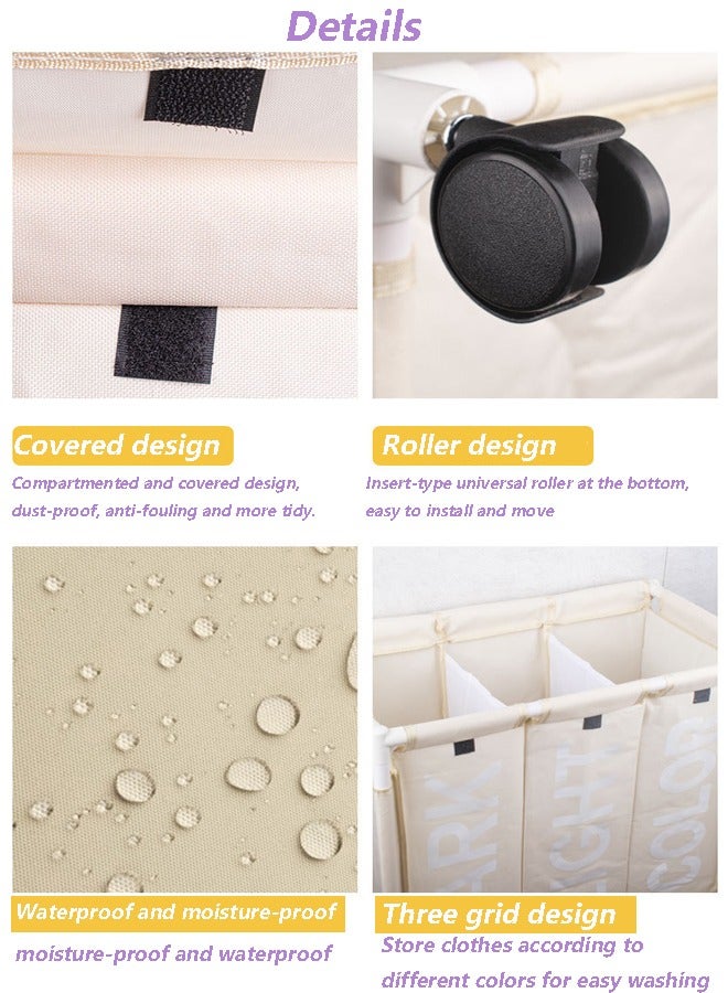 ميكسد سلة غسيل قابلة للطي مقاومة للماء 3 قسم أكسفورد قماش غسيل السلة مع عجلات وقوسيم بلاستيكي قوي - Image 4