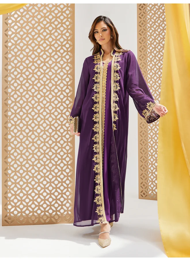 أميرة Amirah Lace Trim Collared Abaya and Inner Dress Set