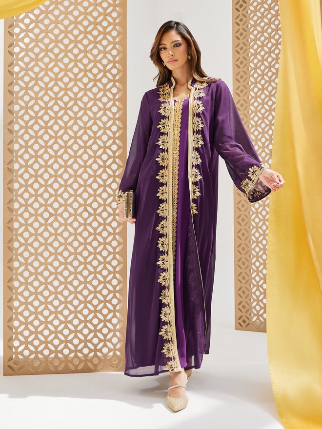 Styli Amirah Lace Trim Collared Abaya and Inner Dress Set  - Image 1