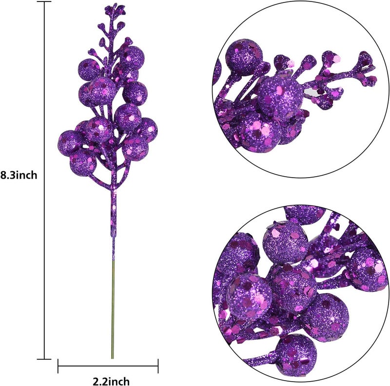 Lvydec 16pcs Christmas Glitter Berry Stems, 7.8" Artificial Christmas Picks for Christmas Tree Ornaments, DIY Xmas Wreath, Crafts, Holiday and Home Decor (Dark Purple) - Image 2