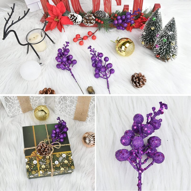 Lvydec 16pcs Christmas Glitter Berry Stems, 7.8" Artificial Christmas Picks for Christmas Tree Ornaments, DIY Xmas Wreath, Crafts, Holiday and Home Decor (Dark Purple) - Image 3