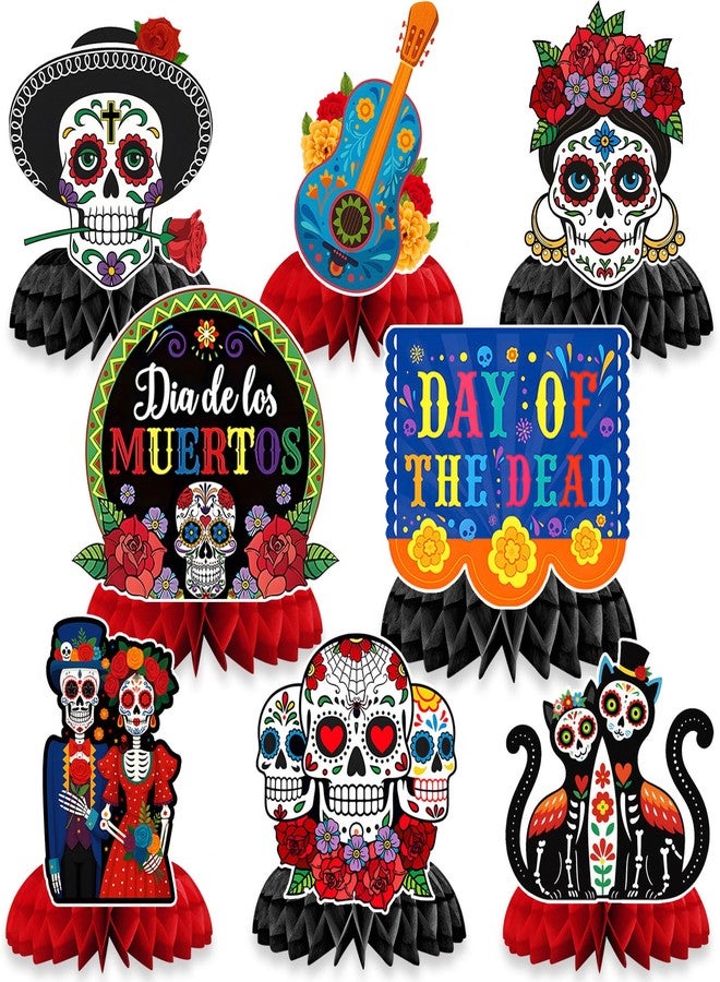 JULMELON 8 PCS Day of the Dead Table Decorations Honeycomb Centerpieces, 3D Double Side Dia De Los Muertos Centerpieces Sugar Skull Table Toppers for Halloween Mexican Party Decorations - Image 1