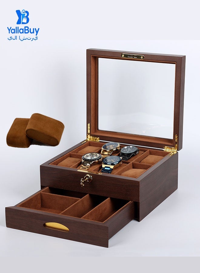 يلا اشتري 8-Slot Double-Layer Watch Box Organizer with Clear Acrylic Lid – Wood-Grain Watch Display Case with Removable Cushions for Men & Women, Luxury Storage Gift Box - Image 2